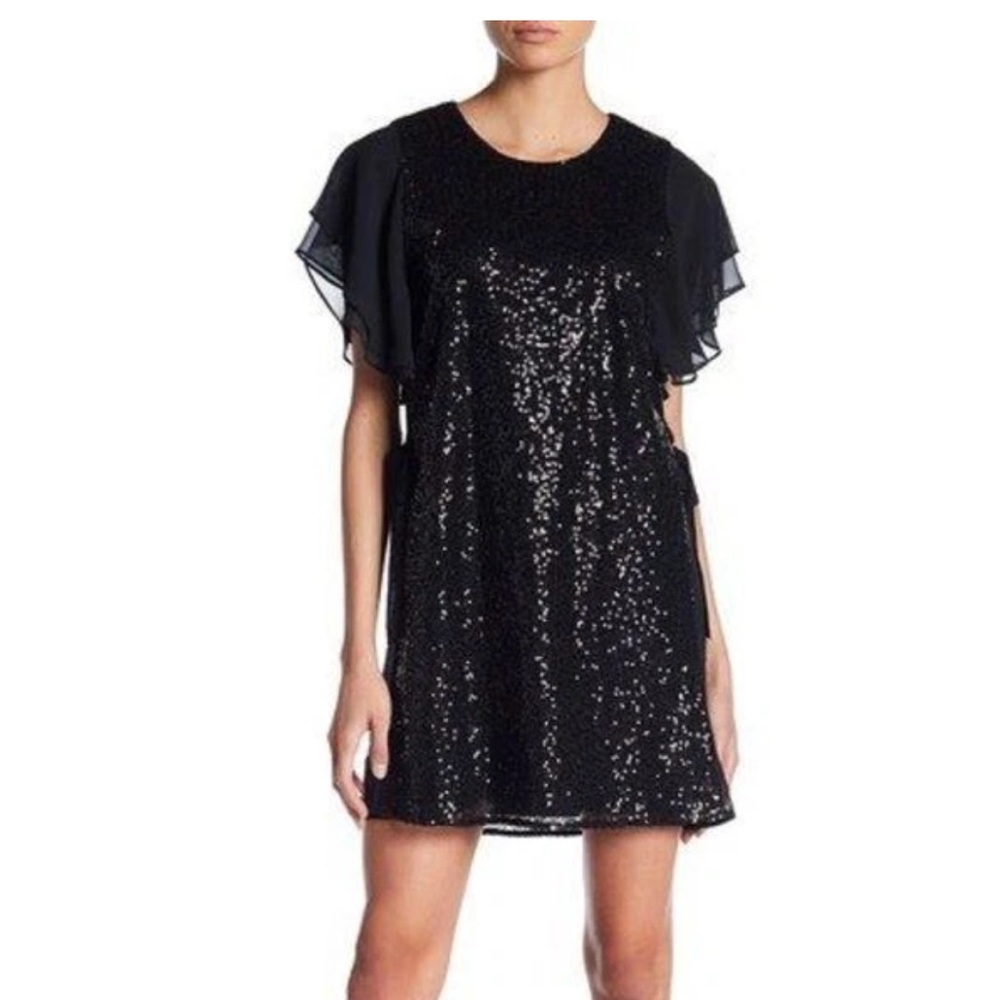 Laundry by Shelli Segal Chiffon Ruffle Sleeve Sequin Dress  Black Size 10